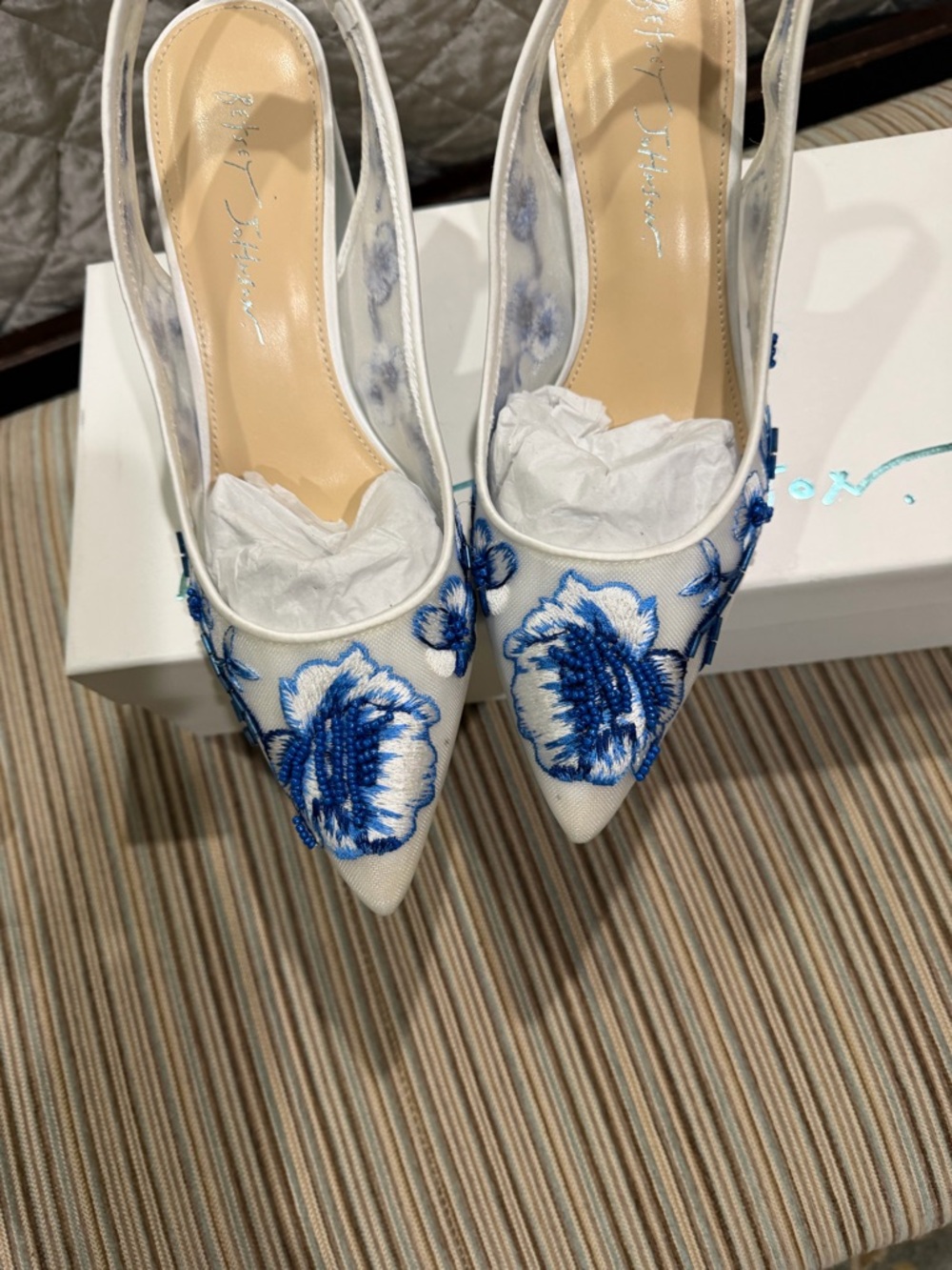 Betsey Johnson White Slingback Heels with Blue Floral Embroidery block heel